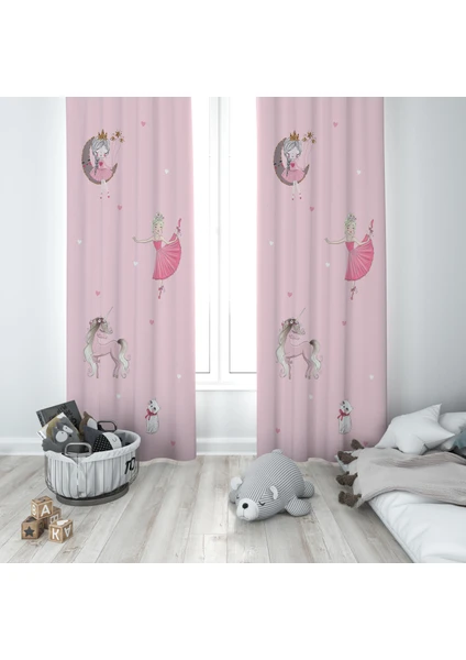 Talia Home Pembe Kız Desenli Çocuk ve Bebek Odası Fon Perdesi 2 Kanat TLA-297