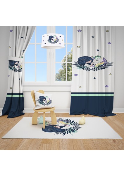 Unicorn ve Prenses Desenli Çocuk ve Bebek Odası Fon Perdesi 2 Kanat TLA-214