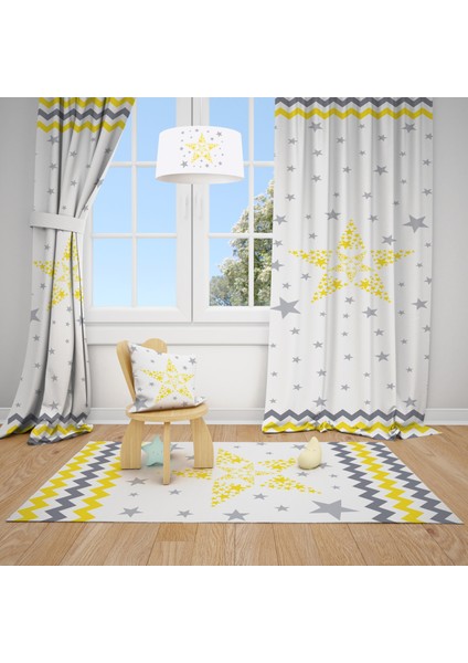 Sarı Yıldız Desenli Çocuk ve Bebek Odası Fon Perdesi 2 Kanat TLA-215