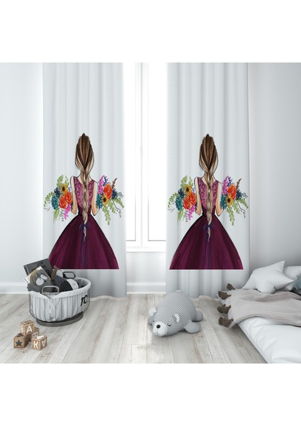Çiçekli Kız Desenli Çocuk ve Bebek Odası Fon Perdesi 2 Kanat TLA-295
