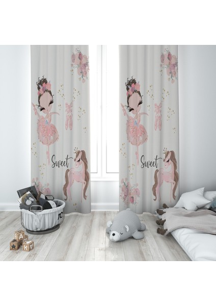 Bej Balerin Kız ve Unicorn Desenli Çocuk ve Bebek Odası Fon Perdesi 2 Kanat TLA-258