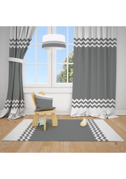 Gri Beyaz Şerit Desenli Çocuk ve Bebek Odası Fon Perdesi 2 Kanat TLA-207