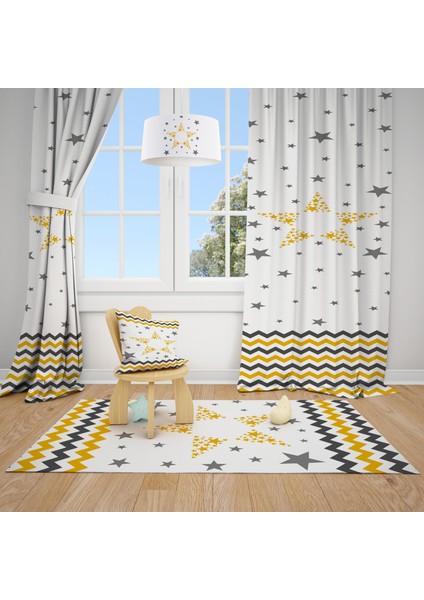 Sarı Şerit Yıldız Desenli Çocuk ve Bebek Odası Fon Perdesi 2 Kanat TLA-216