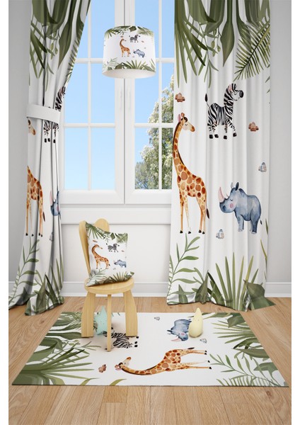 Safari Desenli Çocuk Odası Fon Perdesi 2 Kanat TLA-181