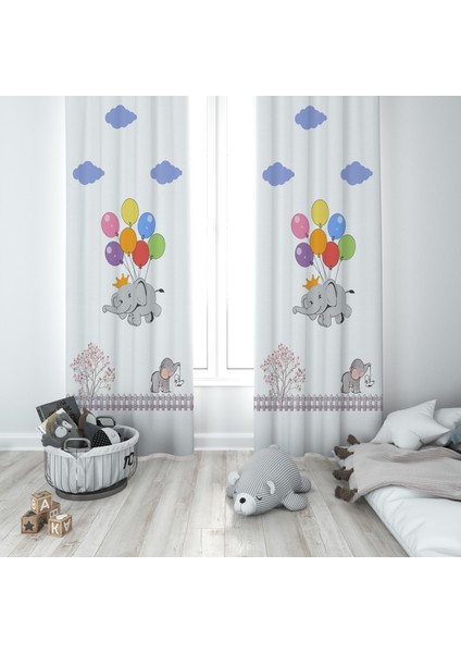 Uçan Fil Desenli Çocuk ve Bebek Odası Fon Perdesi 2 Kanat TLA-257