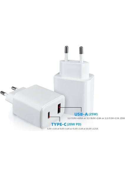Super Hızlı 25W USB ve 20W Type-C Çift Çıkışlı 45W Pd Çoklu Şarj Başlığı Adaptörü