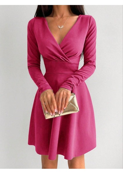 Kadın Pembe Kruvaze Yaka Krep Kumaş Uzun Kol Kloş Elbise 4F-2199 modelleri