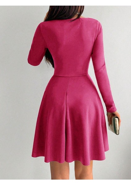 Kadın Pembe Kruvaze Yaka Krep Kumaş Uzun Kol Kloş Elbise 4F-2199 fırsatları