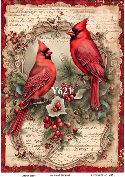 Y621 Yeniyıl Kolaj Kızılgerdan Desenli Pirinç Dekopaj 30 x 42 cm