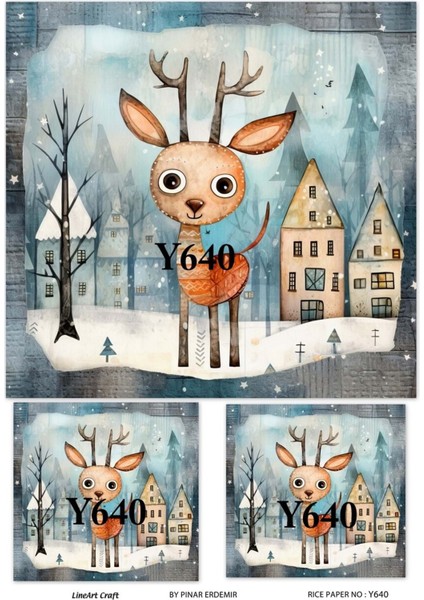 Y640 Yeniyıl Geyik Kar Ev Desenli Pirinç Dekopaj 30 x 42 cm