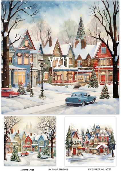 Y711 Kar Manzarası Ev Desenli Pirinç Dekopaj 30 x 42 cm