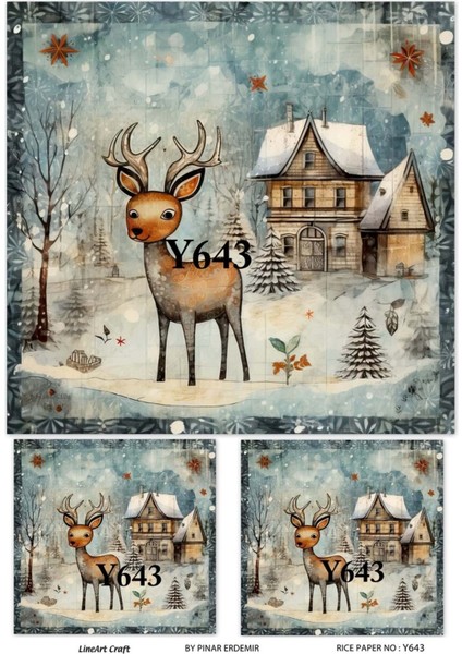 Y643 Yeniyıl Geyik Kar Ev Desenli Pirinç Dekopaj 30 x 42 cm