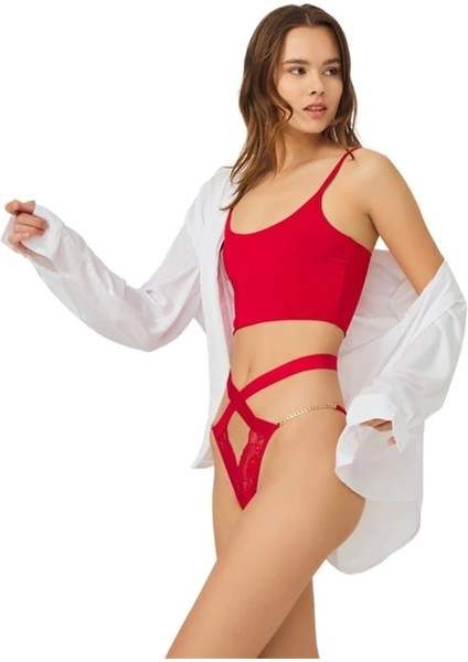 Dantelli Zincir Detaylı Tanga KÜLOT-6023-KIRMIZI