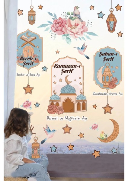 Ramazan Ayı ve 3 Aylar Temalı Dekoratif Duvar Cam Sticker Seti Hoşgeldin Ramazan, Recep Şaban Ayı