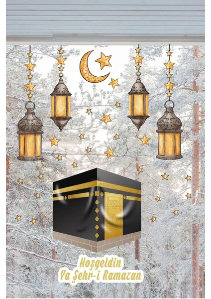 Hoşgeldin Ya-Şehri Ramazan Kabe ve Fenerler Cam Yatak Odası Mutfak Balkon Duvar Sticker Seti