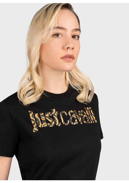 Just Cavalli Bisiklet Yaka Baskılı Siyah Kadın T-Shirt 75PAHG05