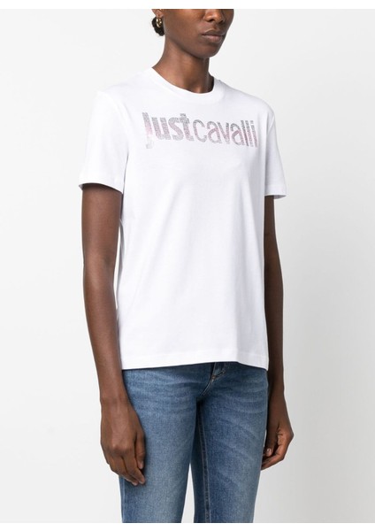 Just Cavalli Bisiklet Yaka Baskılı Beyaz Kadın T-Shirt 75PAHE00