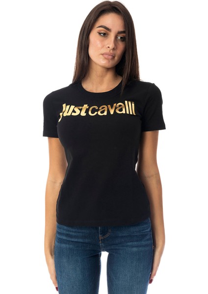 Just Cavalli Bisiklet Yaka Baskılı Siyah Kadın T-Shirt 75PAHT04