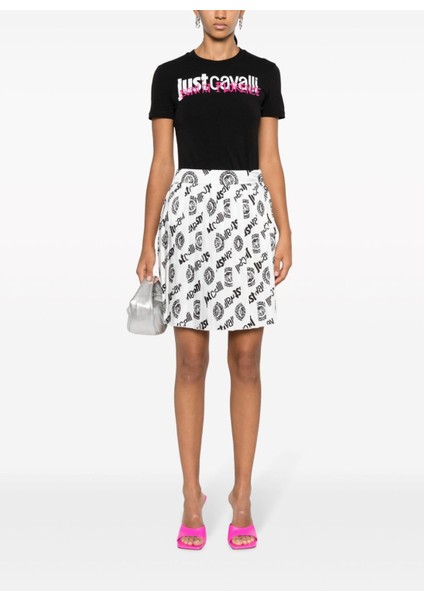 Bisiklet Yaka Baskılı Siyah Kadın T-Shirt 75PAHG04