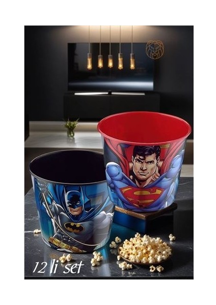 12 Adet Superman Batman Patlamış Mısır Popcorn Kovası