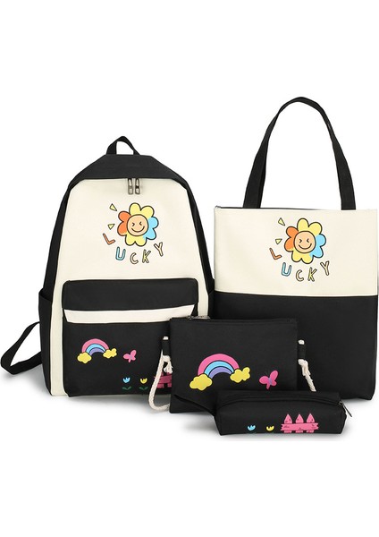 Öğrenci Dört Parçalı Okul Çantası Yeni Alfabe Baskılı Kampüs Sırt Çantası Makyaj Sınıfı Büyük Kapasiteli Sırt Çantası (Yurt Dışından)