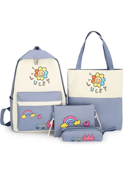 Öğrenci Dört Parçalı Okul Çantası Yeni Alfabe Baskılı Kampüs Sırt Çantası Makyaj Sınıfı Büyük Kapasiteli Sırt Çantası (Yurt Dışından)