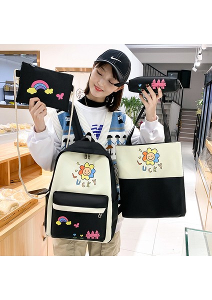 Öğrenci Dört Parçalı Okul Çantası Yeni Alfabe Baskılı Kampüs Sırt Çantası Makyaj Sınıfı Büyük Kapasiteli Sırt Çantası (Yurt Dışından) fiyatları