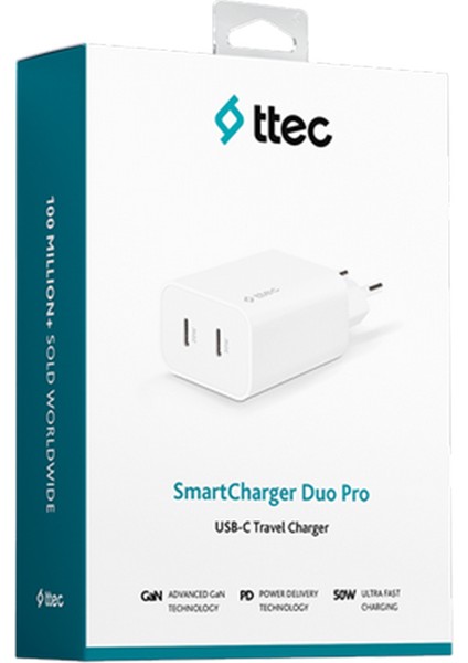 2SCG01B Smartcharger Duo Pro Gan 50W Pd Seyahat Hızlı Sarj Aletı Usb-C/usb-C Beyaz