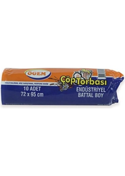 Endüstriyel Battal Boy Çöp Torbası 72 x 95 cm 10'lu Rulo x 1 Paket = 10 Adet (Siyah)