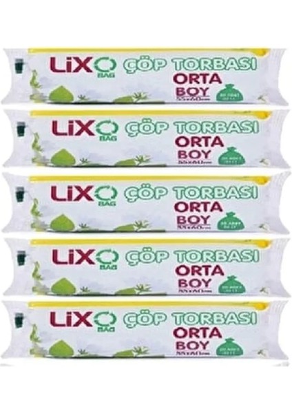 Orta Boy Çöp Torbası 55 x 60 cm 20'li Rulo x 5 Paket = 100 Adet (Mavi)