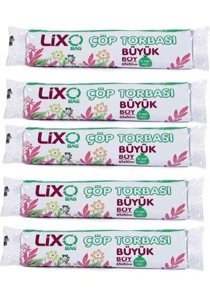 Büyük Boy Çöp Torbası 65 x 80 cm 10'lu Rulo x 5 Paket = 50 Adet (Mavi)