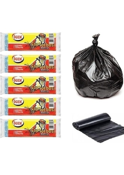 Büyük Boy Çöp Poşeti 65X80 cm 50 Lt 10'lu Rulo 5 Paket Siyah