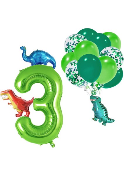 3 Yaş Dinazor Set; Rakam Folyo, 3 Adet Mini Dinazor ve 10 Lu Balon