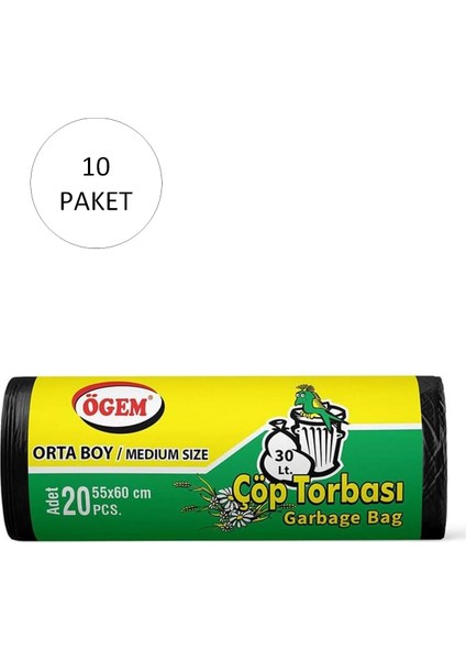 Orta Boy Çöp Torbası 55 x 60 cm 20'li Rulo x 10 Paket = 200 Adet (Siyah)