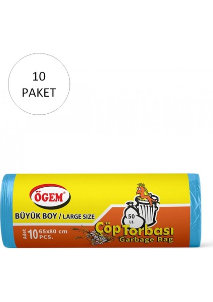 Büyük Boy Çöp Torbası 65 x 80 cm 10'lu Rulo x 10 Paket = 100 Adet (Mavi)