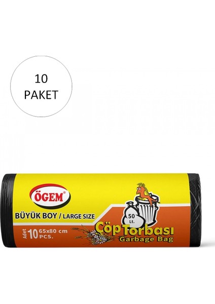 Büyük Boy Çöp Torbası 65 x 80 cm 10'lu Rulo x 10 Paket = 100 Adet (Siyah)