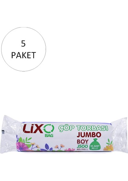 J-500 Jumbo Boy Çöp Torbası 80 x 110 cm 10'lu Rulo x 5 Paket = 50 Adet (Siyah)