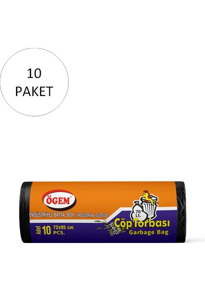 Endüstriyel Battal Boy Çöp Torbası 72 x 95 cm 10'lu Rulo x 20 Paket = 200 Adet (Siyah)