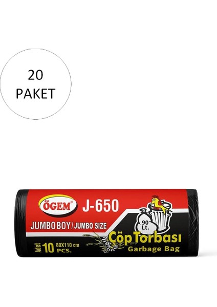 J-500 Jumbo Boy Çöp Torbası 80 x 110 cm 10'lu Rulo x 20 Paket = 200 Adet (Siyah)