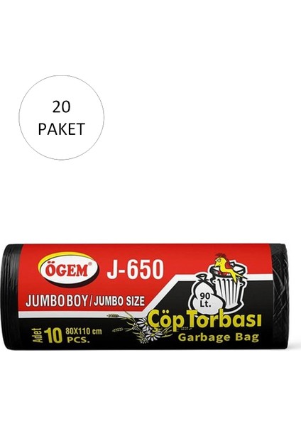 J-650 Jumbo Boy Çöp Torbası 80 x 110 cm 10'lu Rulo x 20 Paket = 200 Adet (Siyah)