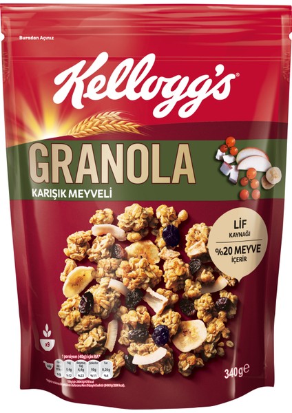 Granola Karışık Meyveli 340 gr x 5 Adet, %45 Yulaf Içerir, %20 Kurutulmuş Meyve