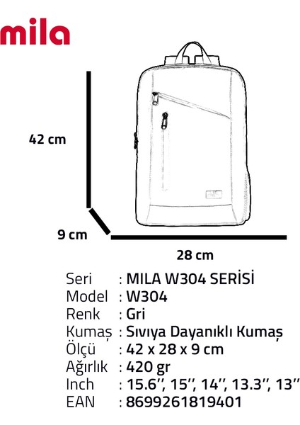 Classone 15,6 Inch  W304- Mila Serisi Sırt Çantası- Gri