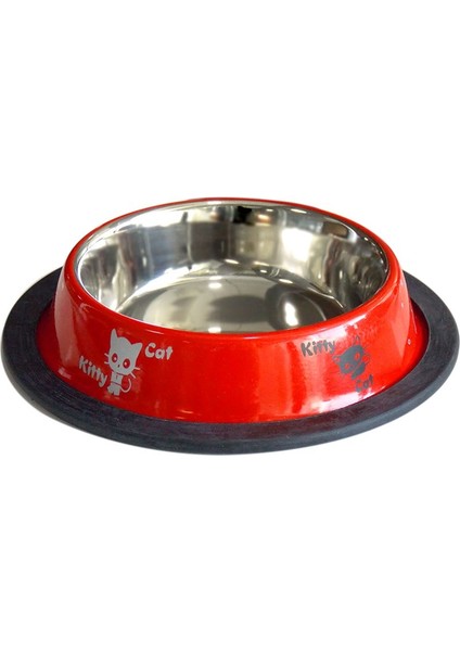 Kedi Desenli Çelik Mama Kabı Kırmızı 8 Oz