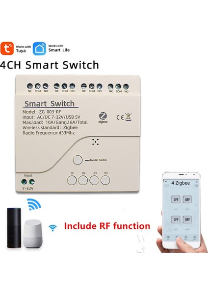 4ch Zigbee Akıllı Işık Anahtarı Modülü Dc 5/12/32V RF433 10A Röleleri Alır Alexa Assistant, Tuya Smart Life(A) ile Çalışır (Yurt Dışından)