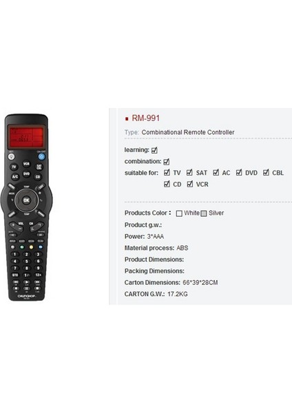 RM991 Akıllı Evrensel Uzaktan Kumanda Tv/,dvd Cd,vcr,sat/kablo ve A/c Için Çok Fonksiyonlu Öğrenme Uzaktan Kumandası (Yurt Dışından) modelleri
