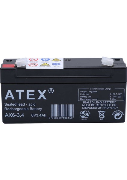 Go İthalat Atex Ax6-3.4 6 Volt - 3.4 Amper Yatık Akü (12.5X6X3CM) (2818)