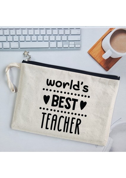 Worlds Best Teacher Mottolu Öğretmenler Günü Hediyesi Astarlı Clutch Çanta