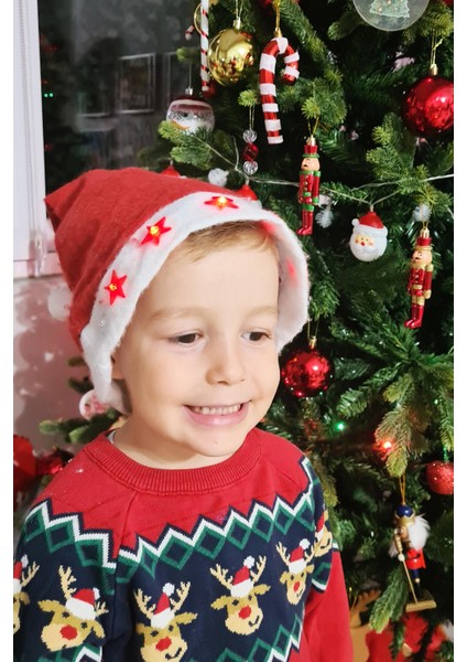 Işıklı Yılbaşı Şapkalı Kırmızı Pamuklu 3 Programlı Işıklı Yeni Yıl Şapka