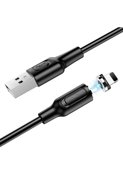 Manyetik Uçlu USB To Lightning Kablo iPhone 11 12 13 14 Serisi Uyumlu 1 Metre Şarj Kablo Mıknatıs Uçlu Siyah Renk BX41