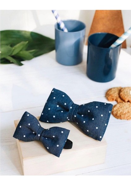Lacivert Puantiye Desenli Baba Oğul Papyon Set